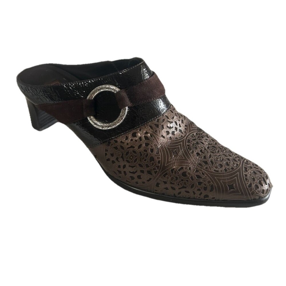 Brighton Talent Womens 8.5M Laser Cut  Leather Mule Heels Buckle Slip On Sandals